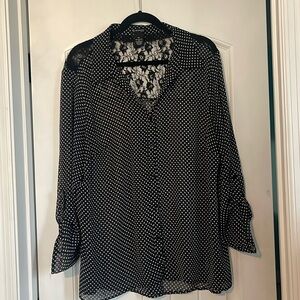 Black polka dotted V-neck button up blouse